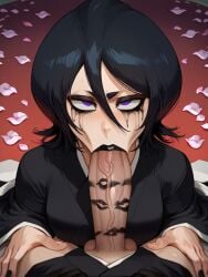 1boy 1girls ai_generated black_clothing black_hair black_kimono black_lips black_lipstick bleach bleach:_the_thousand-year_blood_war blowjob cock cock_worship faceless_male fellatio female female_focus huge_cock kimono kuchiki_rukia light-skinned_female light-skinned_male light_skin lipstick lipstick_mark lipstick_on_penis lipstick_smear looking_at_viewer looking_up male pony_diffusion_xl purple_eyes stable_diffusion