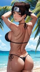 1girls ai_generated ass ass_focus bangs beach big_ass bikini bikini_bottom bikini_top blush breasts brown_eyes brown_hair bubble_ass double_bun female female_only from_behind hair_buns headband konohagakure_symbol long_hair looking_back looking_back_at_viewer matching_hair/eyes nai_diffusion naruto naruto_(series) naruto_shippuden outdoors palm_tree parted_bangs presenting presenting_ass presenting_hindquarters revealing_swimsuit round_ass seaside sideboob skimpy skimpy_bikini solo solo_focus stable_diffusion standing swimsuit tenten thick_ass thong_bikini tied_hair twin_buns waifuinvoker wet wet_body wet_skin wide_hips