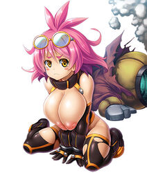 00s asahi boots breasts curvy female female huge_breasts lilith-soft looking_at_viewer mecha nipples no_bra pink_hair puffy_nipples rene_(taimanin_asagi) shiny shiny_skin short_hair simple_background taimanin_(series) taimanin_asagi taimanin_asagi_battle_arena tears white_background yellow_eyes