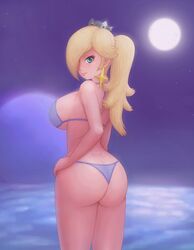 1girls ass ass_cleavage big_ass bikini blue_bikini blue_eyes breasts butt_crack crown female female_only hair_over_one_eye hand_on_hip hi_res human large_breasts long_hair looking_at_viewer mario_(series) moon moonlight night nintendo ocean pale-skinned_female princess princess_rosalina rear_view royalty saf-404 safartwoks safartworks smile solo space standing star_earrings super_mario_galaxy thick_thighs thin_waist thong video_game_character wide_hips