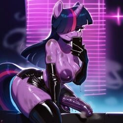 ai_generated anthro balls elbow_gloves erection futanari high_heel_boots latex my_little_pony nightclub penis pony selfie skirt sweat tail thighhighs twilight_sparkle_(mlp)