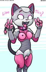 android anthro breasts clitoris collar dialogue digitigrade_anthro domestic_cat double_v_sign electrical_plug_tail embedded_penetrable_sex_toy english_text eye_roll eyebrows felid feline felis female genitals gesture grey_body hand_gesture heart heart_collar led_light machine mammal nipples open_mouth open_smile pedrohspacewolfy penetrable_sex_toy pink_body pink_collar pink_eyebrows pink_eyes pink_nose pussy robot robot_anthro sex_toy smile solo text tongue tongue_out v_sign