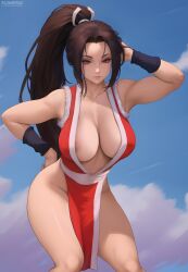 1girls areola_slip bare_arms bare_legs bare_shoulders bare_thighs big_breasts brown_eyes brown_hair clothed clothing color female female_focus female_only flowerxl hi_res king_of_fighters large_breasts light-skinned_female light_skin long_hair looking_at_viewer mai_shiranui nipples_visible_through_clothing no_bra no_panties ribbon solo solo_female tagme thick_thighs