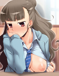 :t arm_support bangs blunt_bangs blush breasts brown_hair covered_mouth female flashing hair_bun idolmaster idolmaster_cinderella_girls kamiya_nao large_breasts long_hair necktie nipples no_bra one_breast_out oppai_challenge red_eyes school_uniform solo sweatdrop thick_eyebrows undressing yoshi_tama