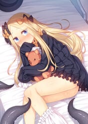 abigail_williams_(fate/grand_order) ass bangs black_bow black_dress black_hat blonde_hair bloomers bloomers_(victorian) bloomers_pull blue_eyes blush bow bug butterfly commentary_request cover cover_page covered_mouth dress eyebrows_visible_through_hair fate/grand_order fate_(series) female hairbow hat hat_removed headwear_removed highres insects long_hair long_sleeves looking_at_viewer lying nose_blush object_hug on_side orange_bow parted_bangs polka_dot polka_dot_bow pussy_juice racer_(magnet) sleeves_past_fingers sleeves_past_wrists solo stuffed_animal stuffed_toy teddy_bear underwear very_long_hair white_bloomers