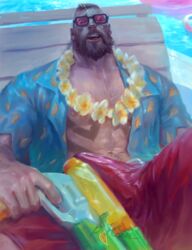 azalien bara bich_hoan bichhoan big_bulge brown_hair color gangplank gay glasses human league_of_legends male male_focus male_only outdoors painting_(artwork) pool_party pool_party_gangplank pool_party_series short_hair sitting solo yaoi