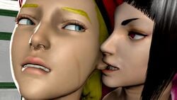 2girls 3d absurdres assertive bangs black_hair blonde_hair blue cammy_white capcom close-up duo ear_biting eyelashes facial_scar female female_only hat highres human juri_han multiple_girls pink_eyes scar sidelocks smokescreen117 source_filmmaker street_fighter street_fighter_v yuri