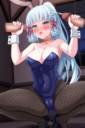 1girls 2boys black_legwear blue_eyes blue_hair blush breasts bunny_ears bunny_girl bunnysuit choker crouching cum cum_on_breast cum_on_face cum_on_hair cumshot ejaculation eyebrows_visible_through_hair eyelashes genshin_impact hair_ornament handjob headwear hoyoverse kamisato_ayaka mihoyo open_mouth ribbon shefu stockings tied_hair tongue uncensored