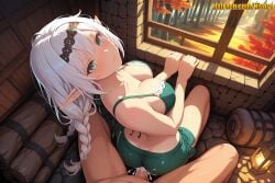 1boy 1girl ai_generated aqua_eyes ass autumn autumn_leaves bare_shoulders barrel bikini bikini_top_only blush braid breasts censored cleavage closed_mouth clothed_female_nude_male clothed_sex clothing_aside collarbone cum cum_in_pussy cum_overflow ejaculation elf from_above green_bikini green_eyes green_shorts hairband hetero indoors large_breasts long_hair looking_at_viewer looking_back medium_breasts mosaic_censoring nivora nude original original_character patreon penis pointy_ears pov reverse_cowgirl_position sex sex_from_behind shorts silver_hair sitting solo_focus swimsuit twin_braids vaginal white_hair wooden_floor
