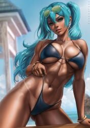 1girls absurd_res absurdres arm_support athletic athletic_female bangs bare_arms bare_shoulders bare_skin bare_thighs big_breasts bikini bikini_bottom bikini_top blue_bra blue_clothes blue_clothing blue_eyes blue_hair blue_panties blue_underwear bra brazilian brazilian_female brazilian_miku breasts busty child_bearing_hips clothed clothing dandon_fuga dark-skinned_female dark_skin female female_focus female_only fit fit_female hatsune_miku high_resolution highres hips hourglass_figure large_breasts latin_american_hatsune_miku_(meme) long_hair long_twintails meme navel outdoors outside panties slim_girl slim_waist solo solo_female solo_focus stomach summer tan-skinned_female tan_skin thick_thighs thighs toned toned_body toned_female toned_stomach tropical tropical_setting twintails underwear vocaloid