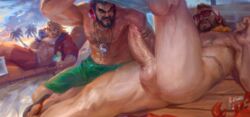 3boys anus_peek azalien bara beard bich_hoan bichhoan black_hair blonde_hair chest_hair cocktail crab dirty_blonde_hair erect_nipples erection erection_under_clothes fingerless_gloves flip_flops gangplank gay glasses graves_(league_of_legends) headphones huge_cock imminent_fellatio imminent_oral league_of_legends legs_up lei male male_only mouth_open necklace open_jacket painting_(artwork) palm_trees pool_party_gangplank pool_party_graves pool_party_series pool_party_taric sunglasses swimming_pool swimming_trunks taric tattoos watching yaoi