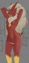 absurd_res anthro avian blaziken blonde_hair blue_eyes breasts chest_tuft clothed clothing eyelashes female front_view generation_3_pokemon genitals hair hands_behind_head hi_res long_hair nintendo nipples panties panties_down panties_only partially_clothed pokemon pokemon_(species) pussy red_body redraptor16 solo topless tuft underwear underwear_down underwear_only unfinished