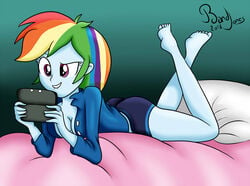 bandijones blue_panties equestria_girls female friendship_is_magic in_bed lying_on_stomach my_little_pony nintendo_ds panties rainbow_dash_(mlp) smooth_skin solo