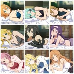 asada_shino ayano_keiko bed bedroom_eyes blue_hair brown_hair female female_only golden_hair lizbeth loving_gaze lying_on_bed lying_on_side medium_breasts multiple_girls multiple_views silica sinon small_breasts sword_art_online takemiya_kotone yuuki_asuna