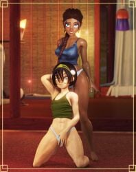 2girls 3d avatar_legends avatar_the_last_airbender braided_ponytail chocolate_and_vanilla crisisbeat dark-skinned_female duo duo_focus earth_kingdom female female_focus female_only hair_ornament katara pale-skinned_female pose posing tied_hair toph_bei_fong water_tribe