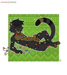 absurd_res anthro balls black_body black_fur bound cheetah christmas felid feline flirting foreskin fur genitals hi_res holidays katxfish male mammal nipples nude paws penis smile solo tail uncircumcised