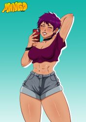 abs arm_behind_head big_breasts bracelet bracelets chocker cleo_hart closed_eyes denim_shorts female female_focus female_only mangoverse pixie_cut purple_hair purple_shirt selfie short_hair smiling smiling_at_viewer tan_body tan_skin teeth thick_thighs thighs