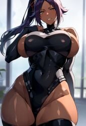 ai_due ai_generated big_breasts bleach curvaceous curvy_female dark-skinned_female dark_skin huge_breasts japanese_clothes ponytail purple_hair shihouin_yoruichi shounen_jump stockings swimsuit thick_thighs voluptuous voluptuous_female wide_hips yellow_eyes