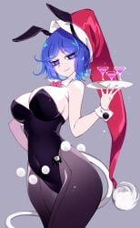 :3 absurdres big_breasts blue_hair breasts doremy_sweet female hat highres large_breasts leotard playboy_bunny raptor7 solo tagme touhou