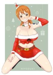 1girls bare_shoulders big_breasts blush christmas christmas_hat christmas_outfit clothed clothing color female female_focus female_only hi_res hiyozuki large_breasts light-skinned_female light_skin long_hair looking_at_viewer nami nami_(one_piece) one_piece orange_eyes orange_hair post-timeskip shounen_jump solo solo_female tagme tattoo thick_thighs