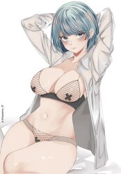 1girls apolonia_07 arms_behind_head big_breasts blue_hair cleavage franziska_von_karma gyakuten_saiban highres karuma_mei open_shirt pasties solo_female solo_focus tagme