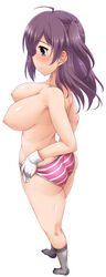 absurdres ahoge bikini blush breasts female front-tie_top gloves hagikaze_(kantai_collection) hair_between_eyes highres kantai_collection large_breasts long_hair nipples pink_bikini puffy_nipples purple_hair sagging_breasts side-tie_bikini simple_background smile solo striped striped_bikini swimsuit topless underwear white_background white_gloves yoshi_tama