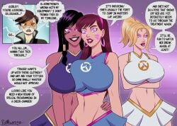 alternate_breast_size bimbo bimbofication cheerleader cheerleader_uniform comic d.va huge_breasts large_breasts mercy mind_break mind_control overwatch overwatch_2 pharah pink_eyes polmanning spiral_eyes text text_bubble tracer