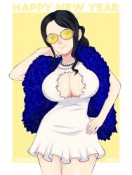 1girls big_breasts black_hair blue_eyes clothed clothing color female female_focus female_only glasses happy_new_year hi_res hiyozuki large_breasts light-skinned_female light_skin long_hair looking_at_viewer nico_robin one_piece shounen_jump solo solo_female tagme thick_thighs