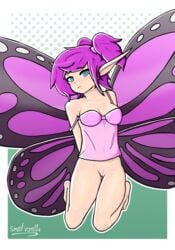 blue_eyes butterfly butterfly_wings cute elf fairy fairy_wings female freckles kneeling knees lingerie nightgown no_panties on_knees original original_character pink_bra pink_clothes pink_hair pink_topwear pinup pointy_ears purple_hair pussy see-through see-through_bra smolvanilla solo twintails vagina