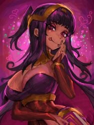 1girls :p absurdres black_hair black_nails bodystocking book breasts cleavage female female female_only fingernails fire_emblem fire_emblem_awakening heart heart-shaped_pupils highres large_breasts looking_at_viewer nail_polish nintendo saiykik smile solo symbol-shaped_pupils tharja_(fire_emblem) tongue tongue_out