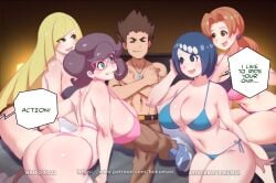 1boy 4girls age_difference alternate_ass_size alternate_breast_size artist_name ass_bigger_than_head asymmetrical_bangs before_sex belt big_breasts black_belt blonde_hair blue_bikini blue_eyes blue_hair bokuman breasts breasts_bigger_than_head brock_(pokemon) brown_eyes brown_pants cleavage curvaceous curvy dark_brown_hair delia_ketchum_(pokemon) english_text female ffffm_fivesome filming freckles freckles_on_face glasses green_eyes group group_sex happy happy_female happy_male harem imminent_orgy imminent_sex lana's_mother_(pokemon) legs_together light_blush long_hair looking_at_another lusamine_(pokemon) making_a_porno male milf milfs multiple_girls navel older_female older_female_and_younger_boy older_female_younger_male older_woman older_woman_and_teenage_boy older_woman_and_younger_boy older_woman_and_younger_man orange_hair orgy pants parted_bangs pink-framed_eyewear pink_bikini pokemon ponytail porn_dialogue porn_shoot porn_studio reverse_gangbang shirtless shirtless_(male) shirtless_male short_hair side-tie_bikini sitting smile speech_bubble spiked_hair straight swept_bangs topless_male voluptuous wicke_(pokemon)