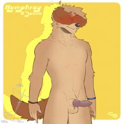 <3_eyes 1:1 absurd_res ahoge animal_genitalia animal_penis anthro ball_tuft balls bird_dog bracelet brown_body brown_fur bulge canid canine canine_genitalia canine_penis canis cerberussenn claws cocker_spaniel covering covering_face domestic_dog ear_over_eye embarrassed erection eye_spot floppy_ears fluffy fluffy_hair freckles fur genitals green_eyes hair heart hi_res hiding_face humphrey_o'senna_(cerberussenn) hunting_dog jewelry knot male mammal penis sheath shy signature simple_background small_penis smile solo spaniel tail tail_motion tailwag tan_body tan_fur tuft yellow_background