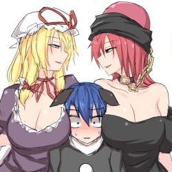 3girls animal_ears between_breasts black_shirt blonde_hair blue_eyes blue_hair blush breast_smother breasts breasts_on_shoulders chains cleavage collar constricted_pupils doremy_sweet dress eyebrows face_to_breasts gap_(touhou) girl_sandwich hat hat_ribbon head_between_breasts head_scarf hecatia_lapislazuli kuroba_rapid large_breasts looking_at_another mob_cap mole mole_on_breast multiple_girls naughty_face no_headwear off-shoulder_shirt off_shoulder parted_lips pom_pom_(clothes) purple_dress purple_eyes red_eyes red_hair ribbon sandwiched shirt short_hair simple_background smile sweat t-shirt tapir_ears touhou white_background yakumo_yukari yukari_yakumo yuri