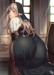 animated ass ass_shake black_legwear blush breasts brown_hair dress elf female female_only habit houtengeki huge_ass hybrid_animation large_ass large_breasts large_filesize long_hair looking_at_viewer looking_back nun original pantyhose pointy_ears red_eyes shaking_butt solo stroke_(animator) tareme taut_clothes taut_dress third-party_edit thong wide_hips