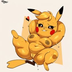 ai_generated anthro anthrofied areola big_breasts blush bodily_fluids breasts brown_eyes cleft_tail female fur generation_1_pokemon genitals hands_behind_head heart hellsonger hi_res kanna_(joaoppereiraus) looking_at_viewer mammal navel nintendo nipples nude pikachu plump_labia pokemon pokemon_(species) pokemorph pussy rodent short_stack simple_background slightly_chubby smile solo spread_legs spreading sweat thick_thighs yellow_body yellow_fur