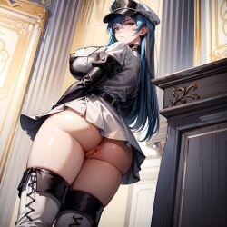 1girls ai_generated akame_ga_kill! arbitrary ass blue_eyes blue_hair esdeath_(akame_ga_kill!) from_below hi_res looking_at_viewer low-angle_view military_hat military_uniform pussy stable_diffusion