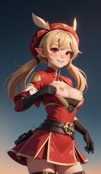 1girls ai_generated bare_breasts blonde_hair blush clothing cortezian_generations female genshin_impact gloves hi_res klee_(genshin_impact) patreon red_dress red_eyes smile solo