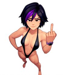 ai_generated bare_legs barefoot big_hero_6 big_hero_6:_the_series black_eyes black_hair black_one-piece_swimsuit disney eyeshadow flipping_off flipping_the_bird flipping_viewer_off foreshortening from_above full_body gogo_tomago hair_between_eyes hand_on_hip highleg_swimsuit looking_at_viewer marvel medium_breasts middle_finger multicolored_hair navel novelai purple_hair short_hair simple_background slingshot_swimsuit smile someraindropsonroses_(artist) standing streaked_hair sweat sweatdrop two-tone_hair white_background wristwatch