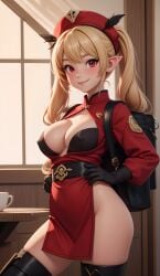 1girls ai_generated bag bare_ass blonde_hair blush cleavage clothing cortezian_generations female genshin_impact gloves hands_on_hips hard_nipples hi_res klee_(genshin_impact) patreon red_eyes smile solo thighs