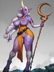 1female 1woman absurd_res absurdres ai_generated athletic athletic_female belt big_breasts breasts celestial_(league_of_legends) curvy curvy_figure dress facing_viewer female female_focus female_only furry golden_eyes hooves horn iluvhooves large_breasts league_of_legends muscular_thighs nipples purple_skin pussy solo solo_anthro solo_female solo_focus soraka stable_diffusion staff tattoo thick_thighs thighs white_hair wide_hips