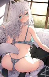 1girls ahoge aqua_bra aqua_eyes aqua_panties ass bare_shoulders black_footwear blush breasts closed_mouth fox_ears fox_girl fox_tail from_behind hololive hololive_gamers hololive_gen_1 hololive_japan lace-trimmed_panties large_breasts lingerie long_hair looking_back shirakami_fubuki solo sy4 sy4may0 virtual_youtuber white_hair white_thighhighs