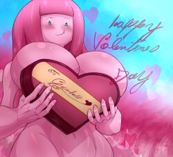 1boy 1girls adventure_time belly belly_button big_breasts blush blushing blushing_at_viewer cartoon_network covered_nipples dragmarok gift gift_box letter long_hair looking_at_viewer mentioned_character nude nude_female prince_gumball princess_bubblegum selfcest smiling smiling_at_viewer standing text thick_thighs valentine's_day voluptuous voluptuous_female