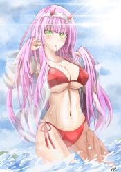 big_breasts bikini cleavage cloud darling_in_the_franxx eyeliner female green_eyes jacket large_breasts lollipop outdoors pink_hair red_bikini red_horns water water_drop yukiart_83 zero_two_(darling_in_the_franxx)