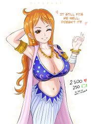 1girls alabasta arabasta_kingdom arabasta_saga bare_arms bare_shoulders big_breasts clothed clothing color english_text female female_focus female_only hi_res hiyozuki jewelry large_breasts light-skinned_female light_skin long_hair looking_at_viewer nami nami_(one_piece) one_piece orange_eyes orange_hair post-timeskip shounen_jump solo solo_female tagme tattoo text text_bubble thick_thighs