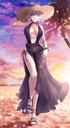 black_dress breasts dress fate/grand_order fate_(series) female female_only flower hair_flower hat jeanne_alter legs looking_at_viewer revealing_clothes sand sandals side-tie_panties sunset tagme walking white_hair yellow_eyes