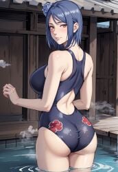 1girls adapted_costume ai_generated akatsuki_(naruto) alex-schura artist_name ass ass_focus back_view backless_swimsuit bare_back bare_legs bare_shoulders bare_thighs big_breasts blue_hair blush breasts bubble_ass bubble_butt cleavage cloud_print flower flower_in_hair from_behind highleg highleg_swimsuit huge_breasts in_water indoors konan looking_at_viewer looking_back looking_back_at_viewer nai_diffusion naruto naruto_(series) naruto_shippuden one-piece_swimsuit orange_eyes partially_submerged pool presenting presenting_ass purple_swimsuit rear_view shoulder_length_hair sideboob smile solo solo_focus stable_diffusion swimsuit thick_thighs thighs viewed_from_behind voluptuous voluptuous_female water watermark