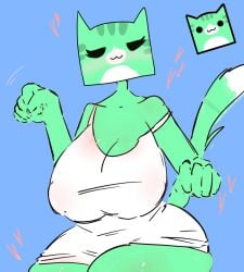 1girls big_breasts blue_background cube_98_(geometry_dash) cute feline geometry_dash green_skin heart huge_breasts juniper_gd kak0yt0_chelstyle no_bra owo tobbuck w_mouth white_clothing