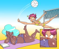 2girls accident aeolus06 alex_(magical_girl_friendship_squad) ass beach bikini blue_hair blush book daisy_(magical_girl_friendship_squad) female implied_yuri magical_girl_friendship_squad multiple_girls red_hair volleyball