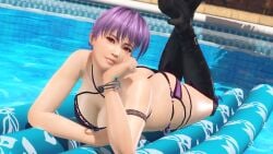 1girls 3d ass ass_cleavage ayane_(doa) big_breasts bikini busty butt_crack cleavage dead_or_alive feet female female_only hi_res large_breasts legs looking_at_viewer lying on_stomach pool pose posing purple_hair red_eyes short_hair smile solo the_pose thighs voluptuous water