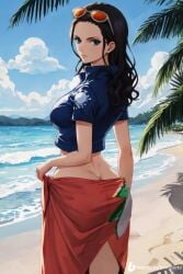 2024 ai_generated ass back beach black_hair blue_eyes dress female female_only looking_back minusleto nico_robin one_piece outdoors palm_tree stable_diffusion